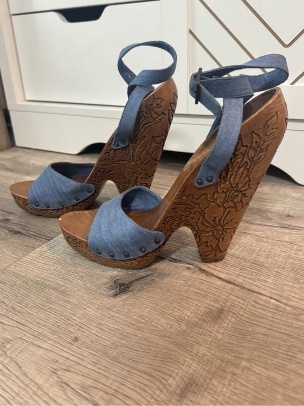 Stella McCartney Runway Wooden Carved Platform Wedge Sandal Heels